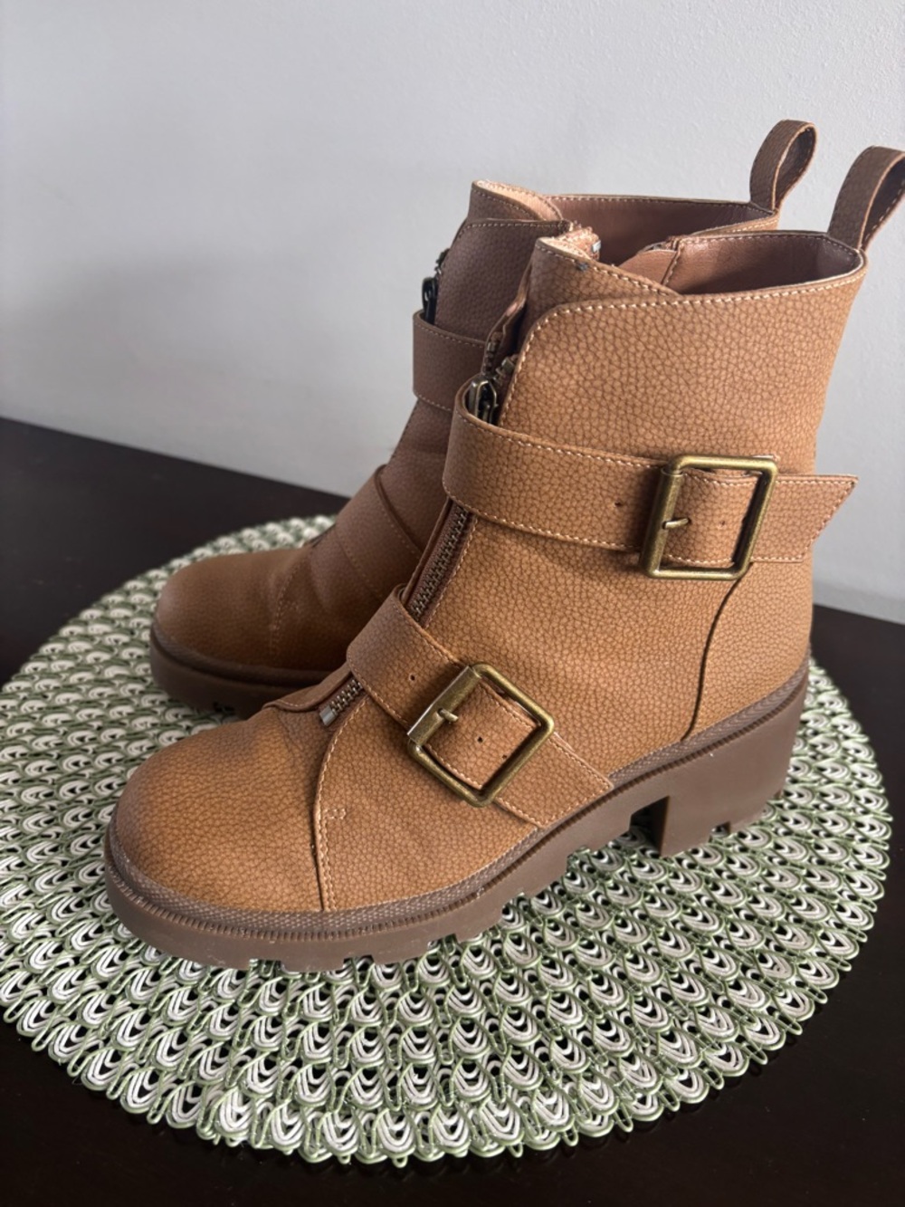 Yellow Box Tan Buckle Moto Combat Boots
